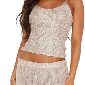 Women Sexy Glitter Knit 2 Piece Outfits Sequin Slim Fit Crop Cami Top Sparkle Ma